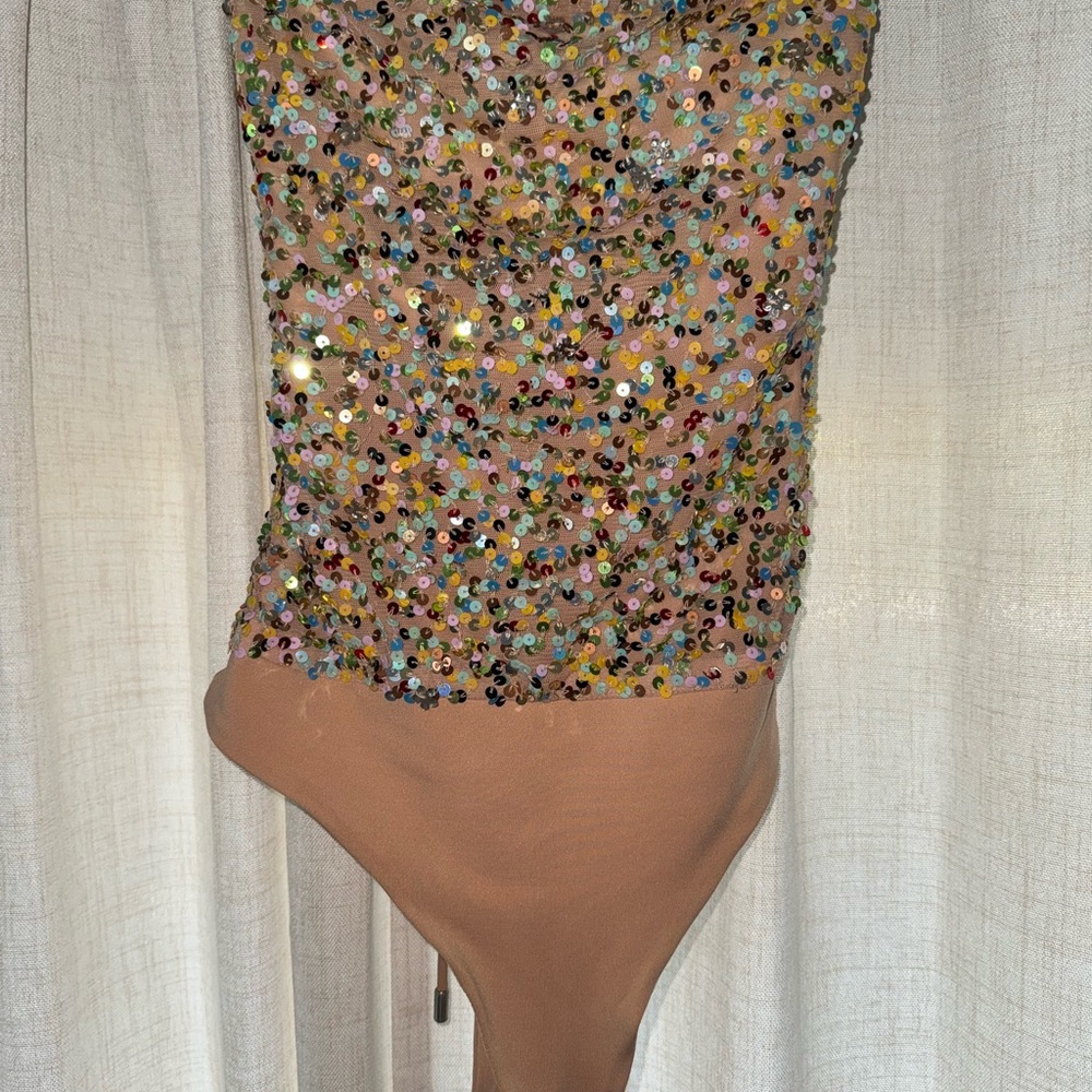 MAJORELLE Sequin Embellished Top in Beige